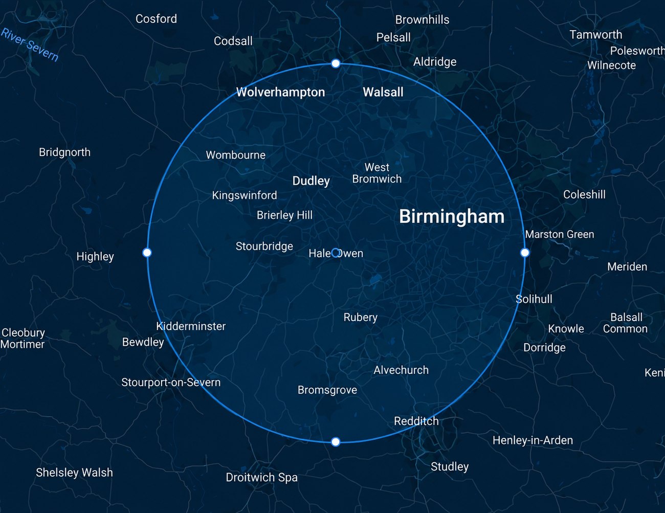Map of the area covered by Halesowen Plumbing Services, roughly a 10 mile radius around Halesowen across the Black Country and south Birmingham